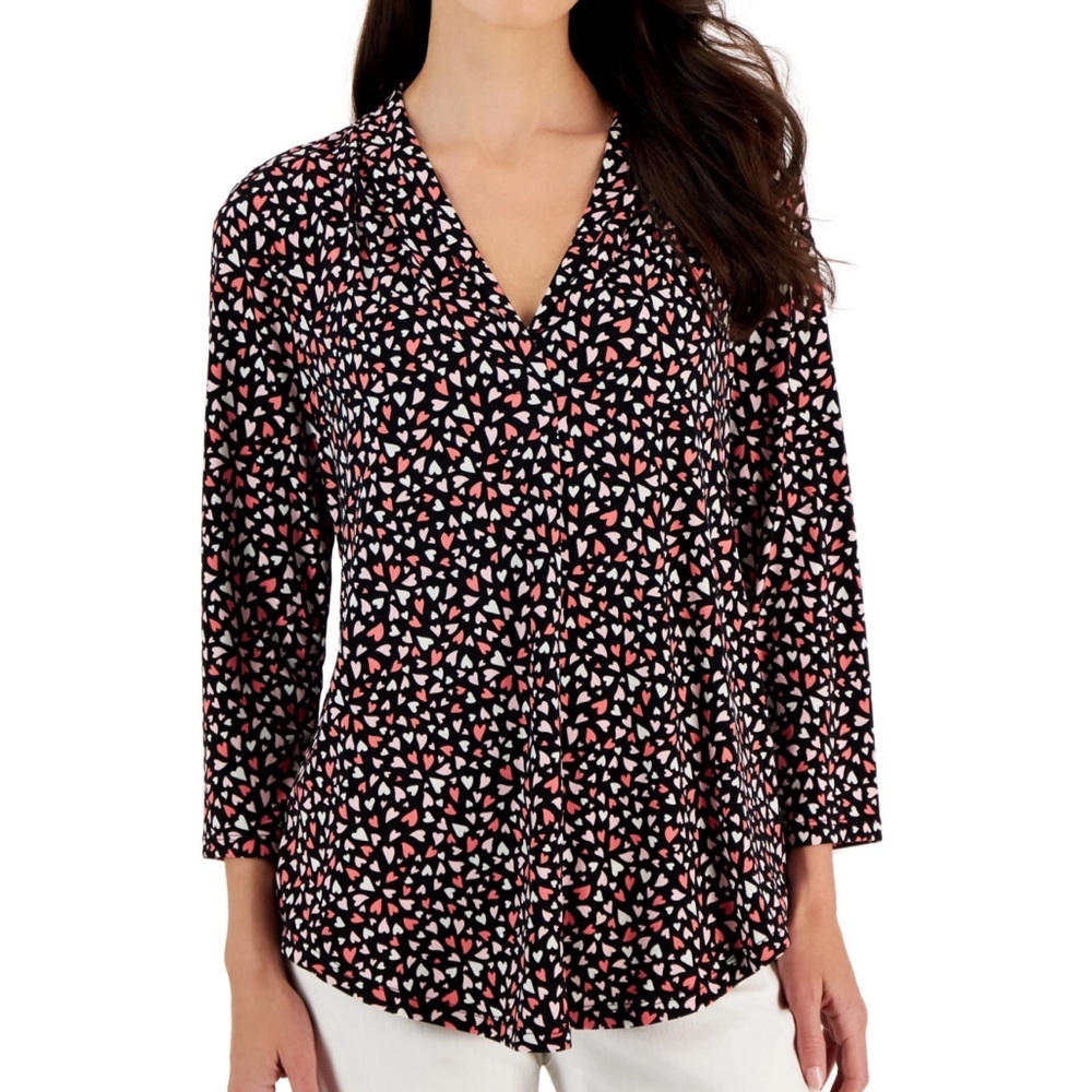 Charter Club Heart Print Blouse XLP Plus Size Black Pink V Neck 3/4 Sleeve Top